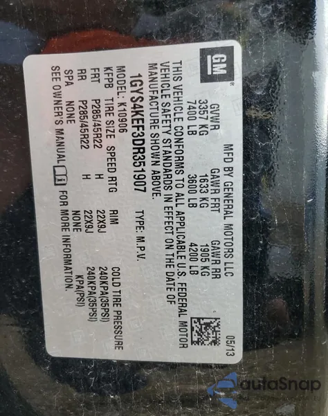 2013 Cadillac Escalade Esv Platinum из США, поврежденный, VIN 1GYS4KEF3DR351907